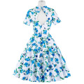 ВР складе коротким рукавом Выдолбленные назад Цветочный Принт хлопок винтажный 50-х годов Ретро платье BP000028-5